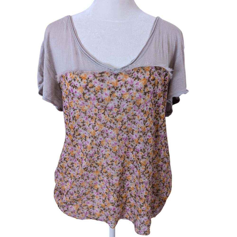 Free People Floral Bohochic Linen Lace Raw Hem Button Back Tshirt XS